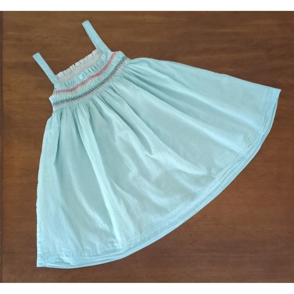 Mini Boden Girls Fun Appliqué Sun Dress Aqua Blue Ticking Parrot size 7/8 GUC
